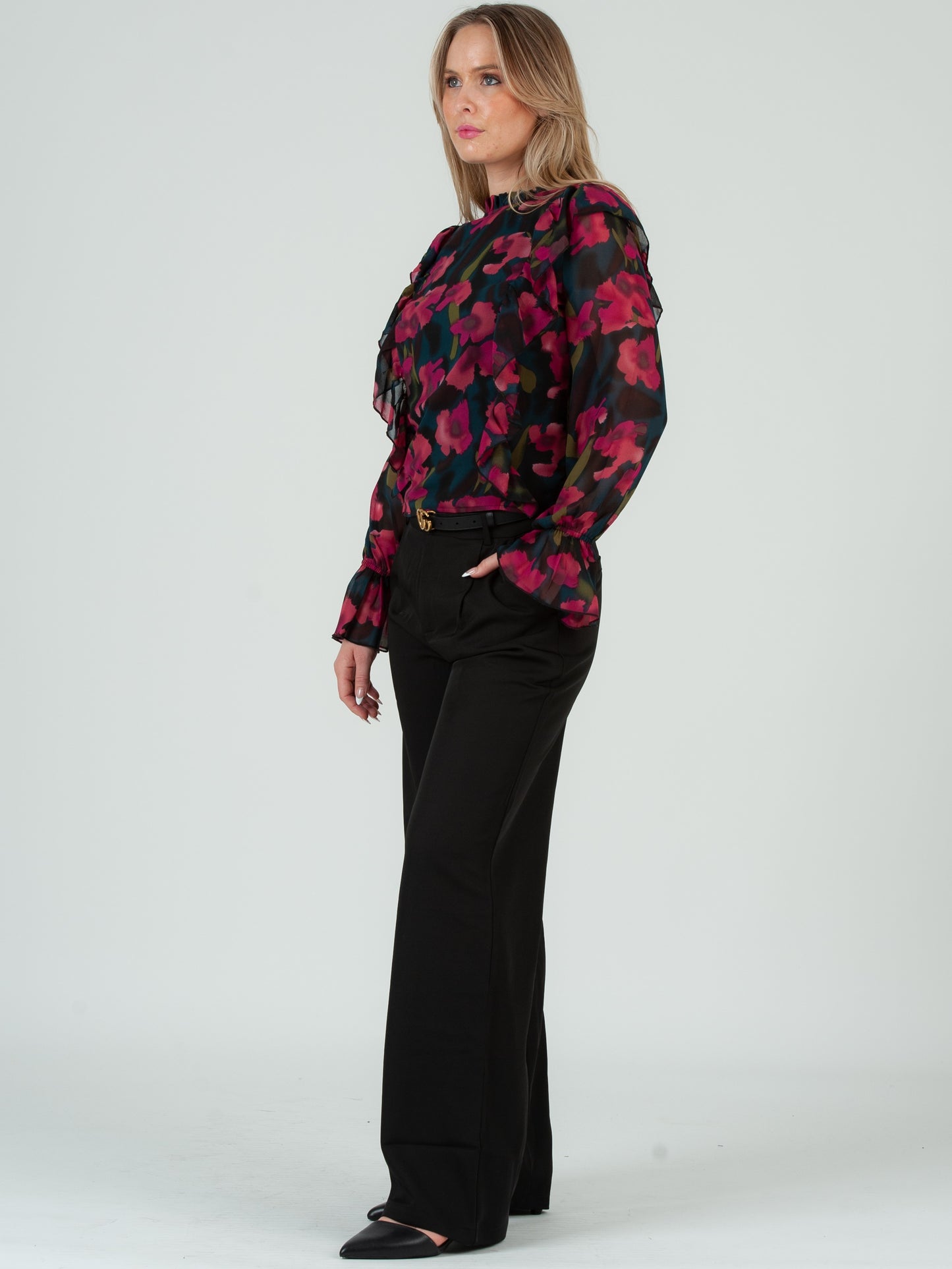 Women's Ruffle Front Long Sleeve Floral Blouse, Fuschia