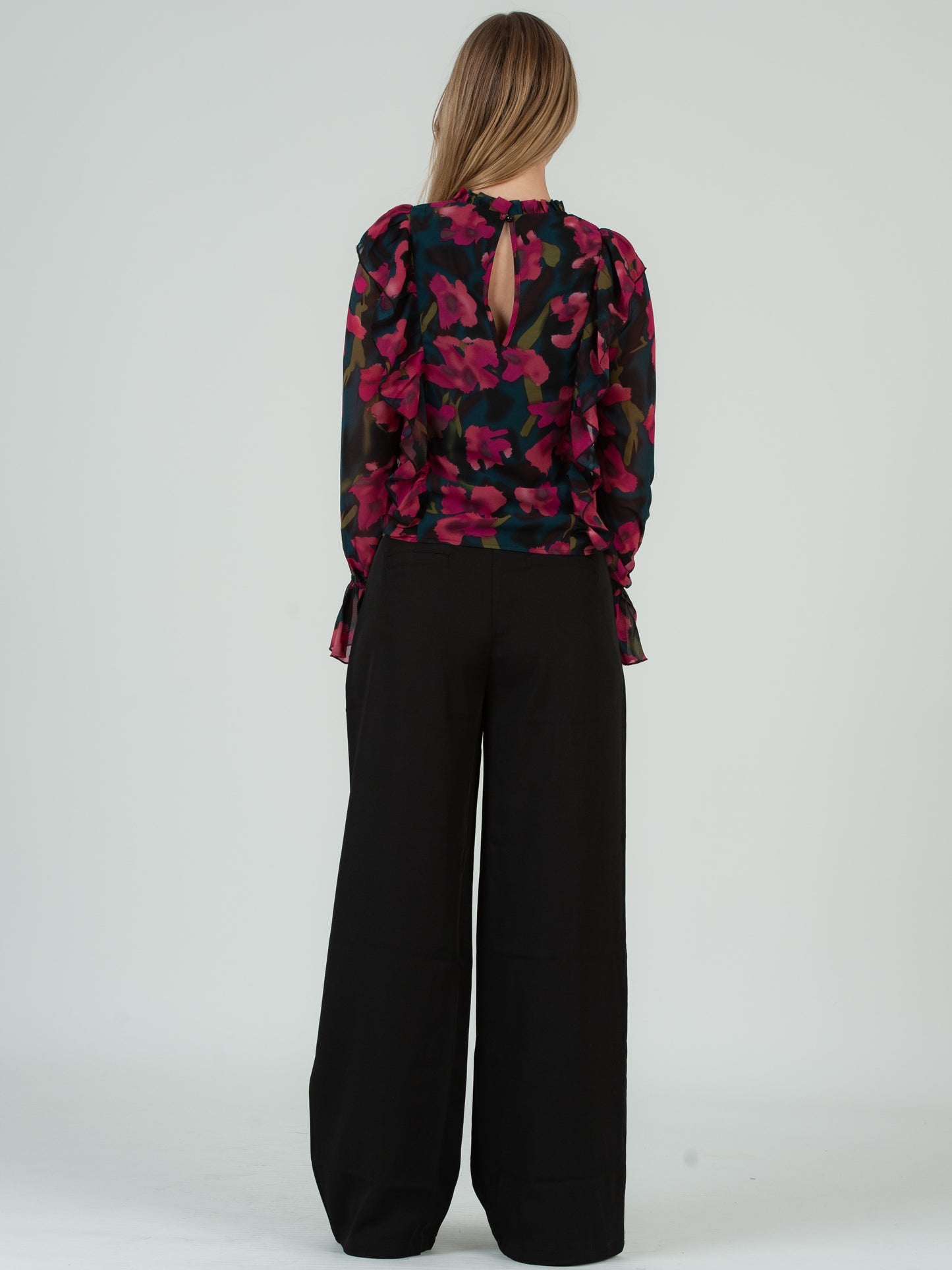 Women's Ruffle Front Long Sleeve Floral Blouse, Fuschia