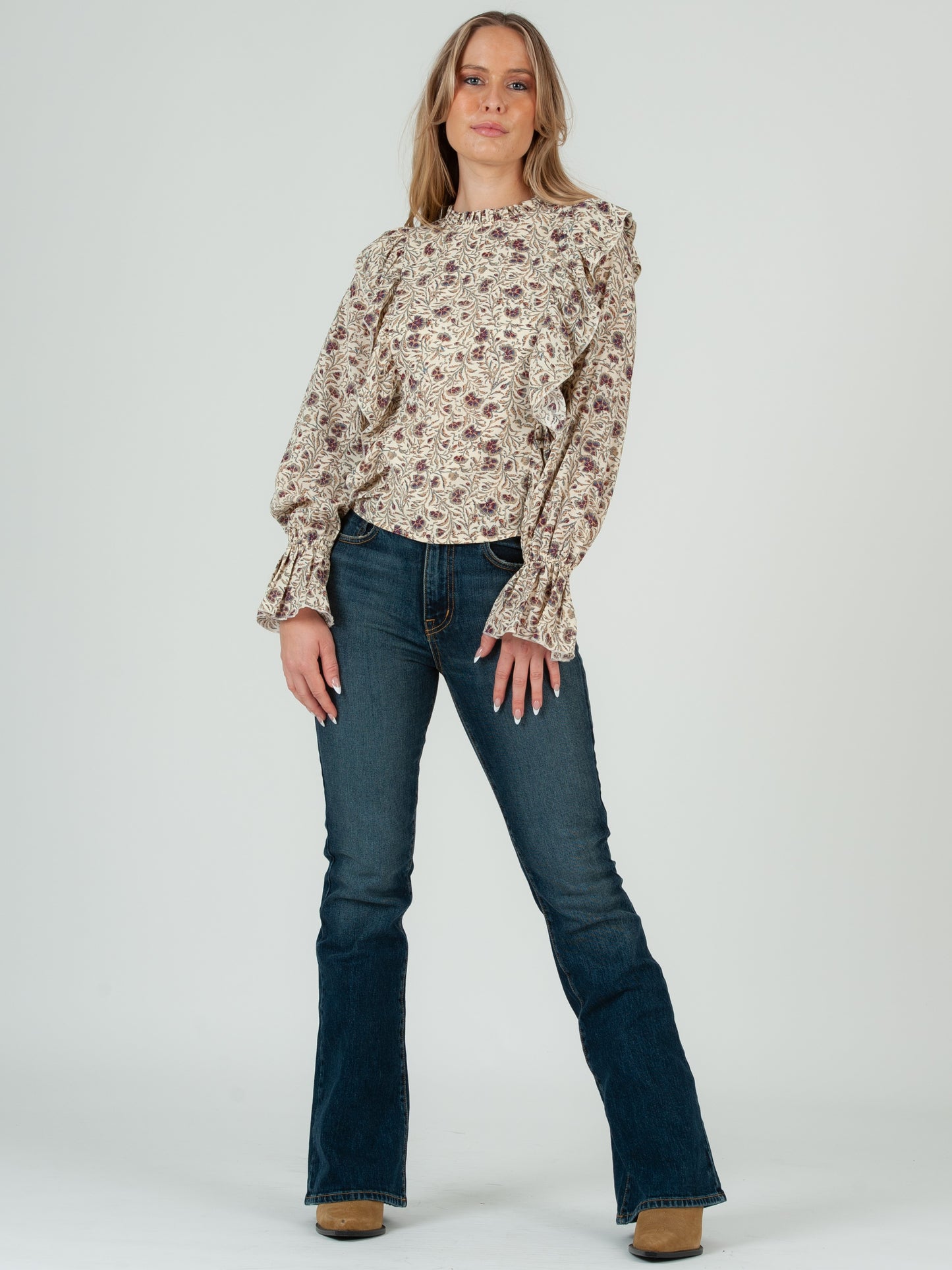 Women's Ruffle Front Long Sleeve Floral Blouse, Ivory