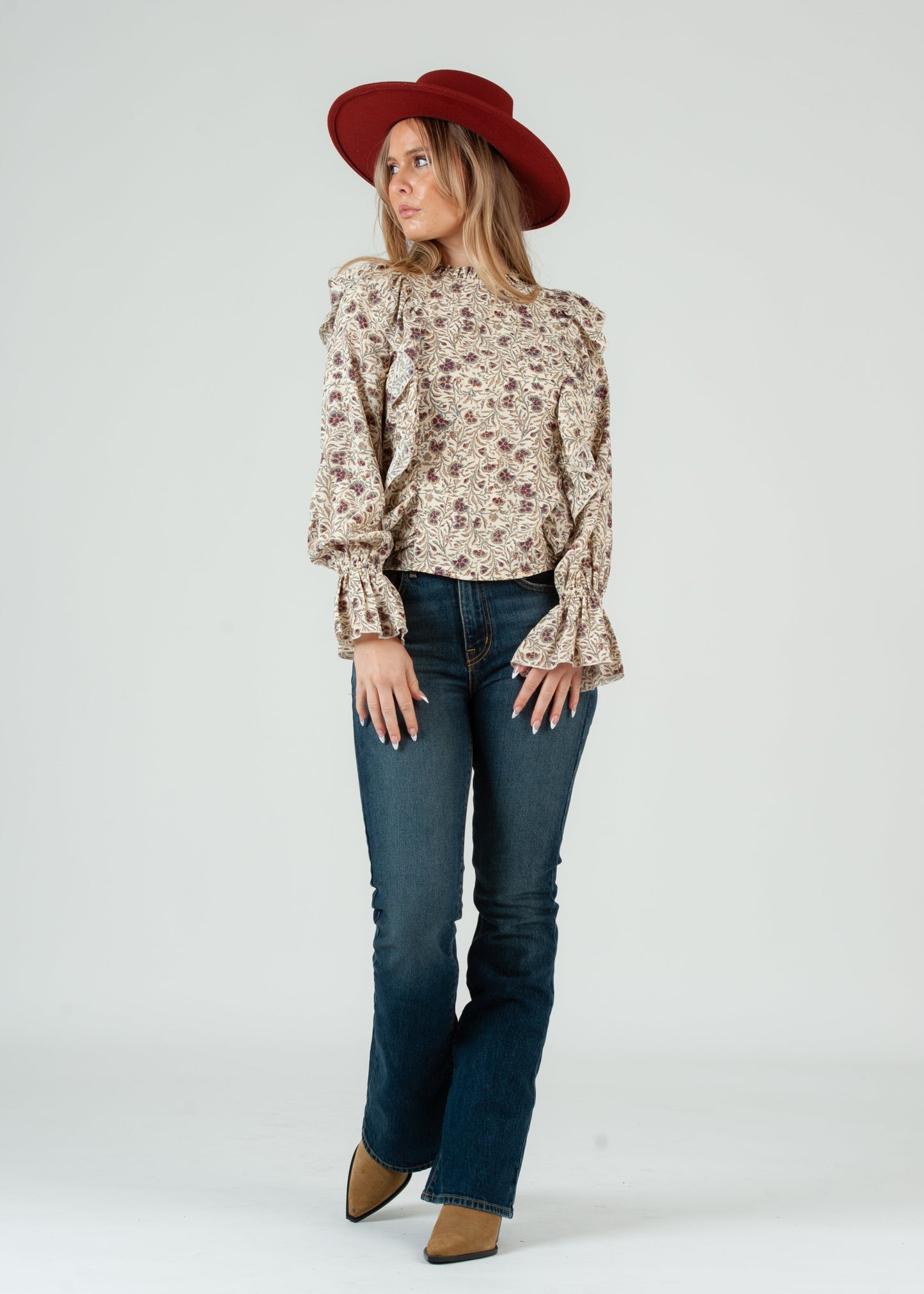 Women's Ruffle Front Long Sleeve Floral Blouse, Ivory