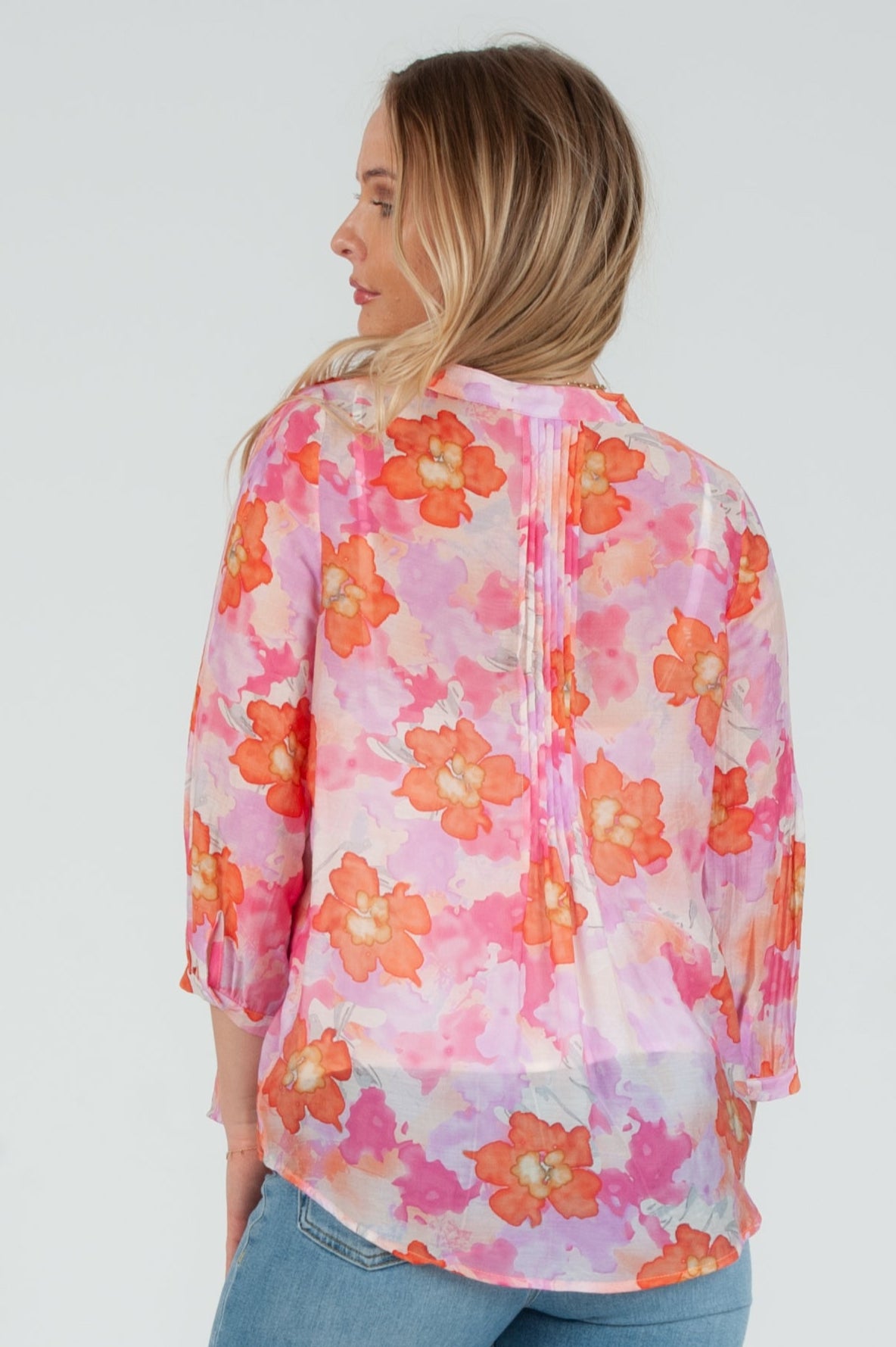 Women's Pink Floral Tencel pintuck blouse