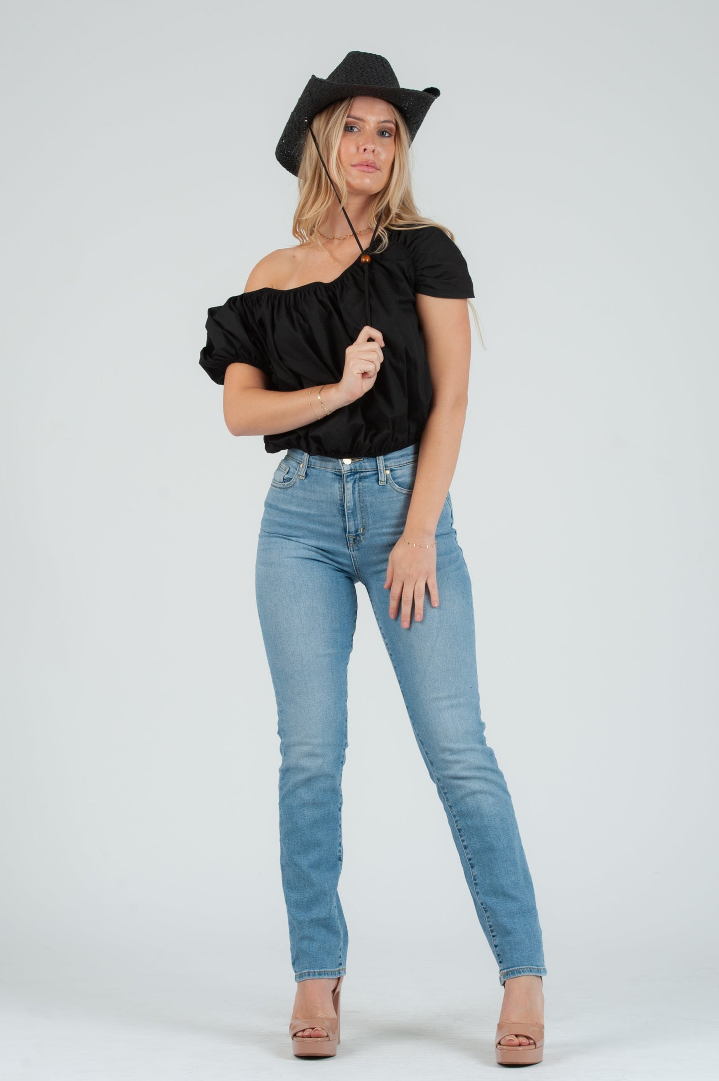 Women's Poplin Puff Sleeve Blouse Top