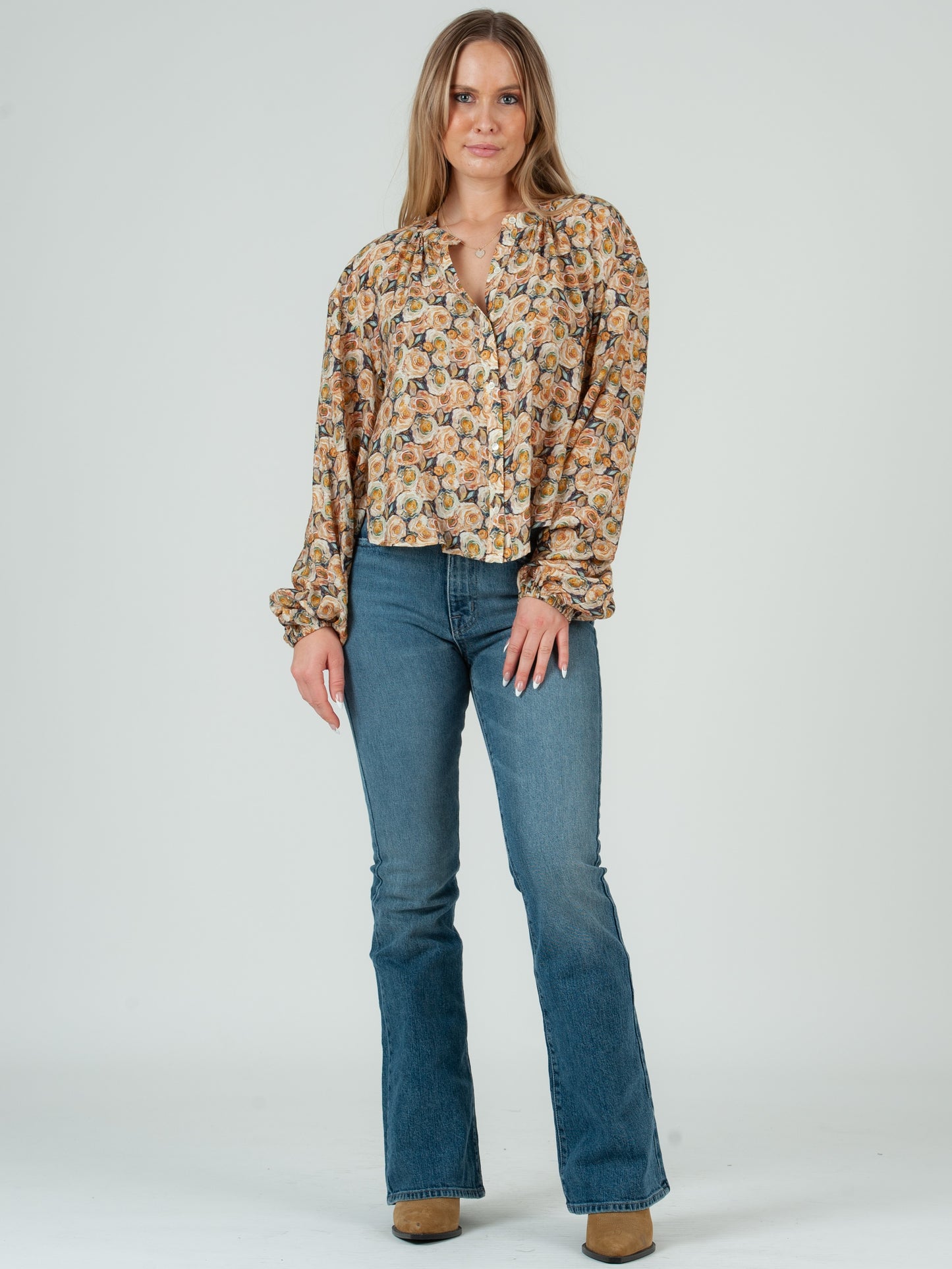 Women's Floral Print Notch Collar Button Up Blouse-Chartreuse