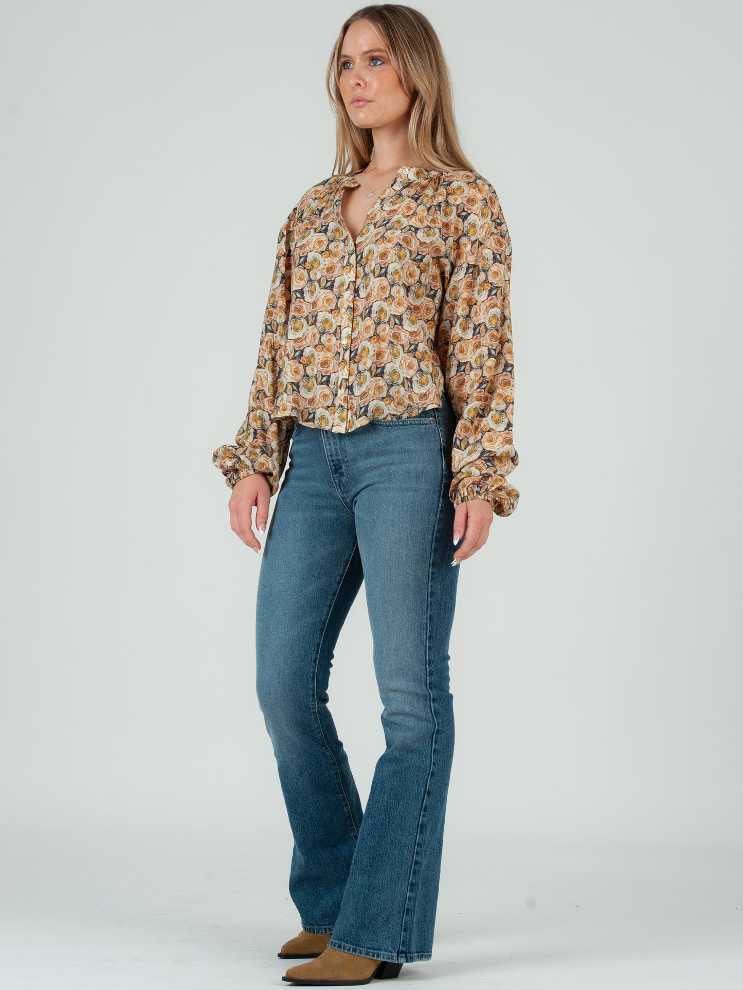 Women's Floral Print Notch Collar Button Up Blouse-Chartreuse