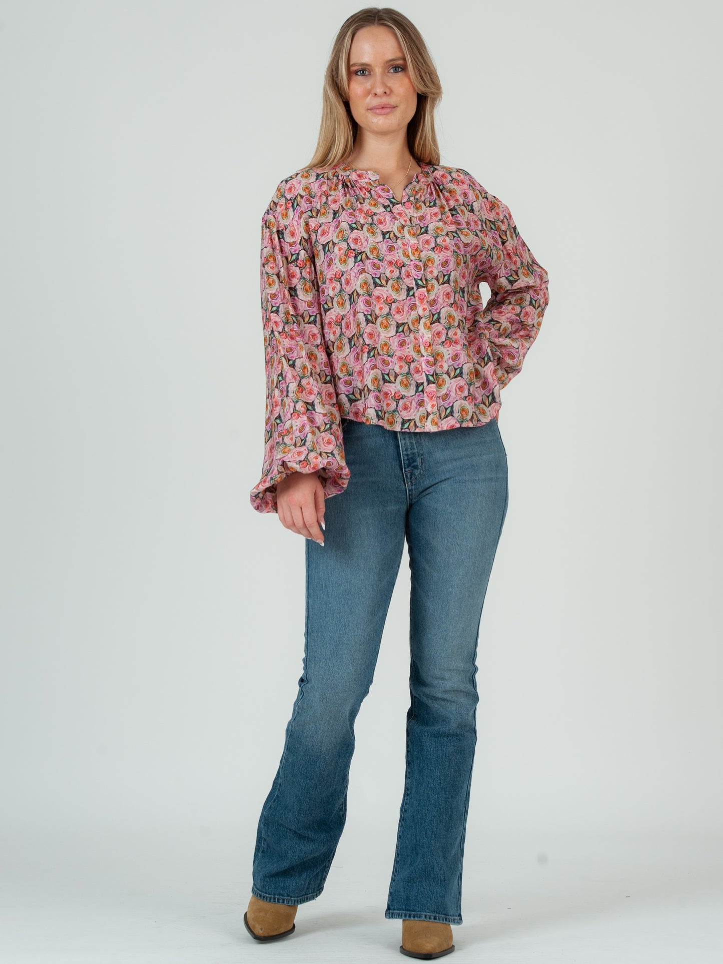 Women's Floral Print Notch Collar Button Up Blouse-Pink