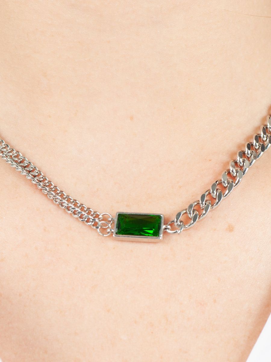 MARIE MULTI CHAIN NECKLACE-SILVER/GREEN