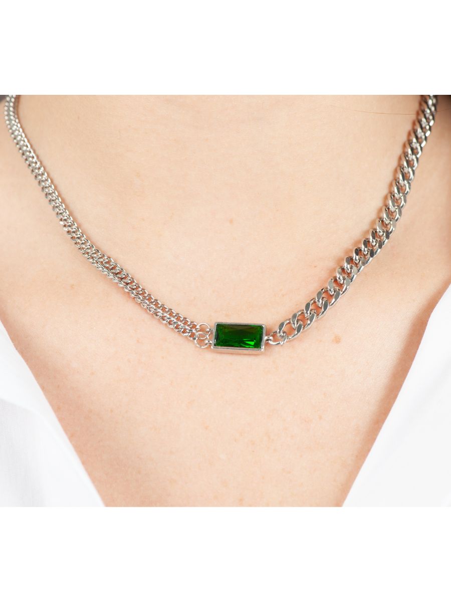 MARIE MULTI CHAIN NECKLACE-SILVER/GREEN