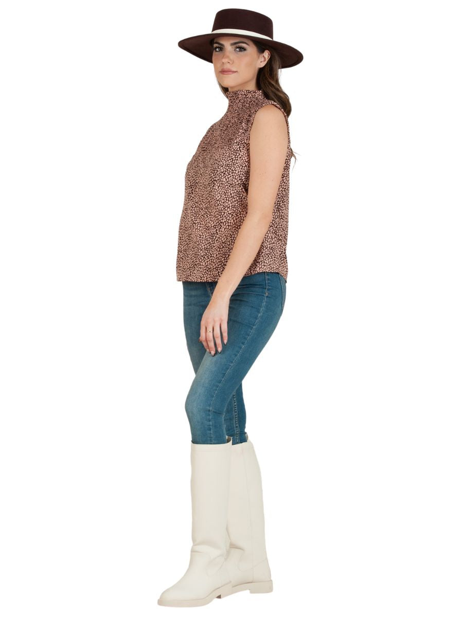 LAILA FENNEL MOCK NECK SLEEVELESS TOP-MAUVE LEOPARD