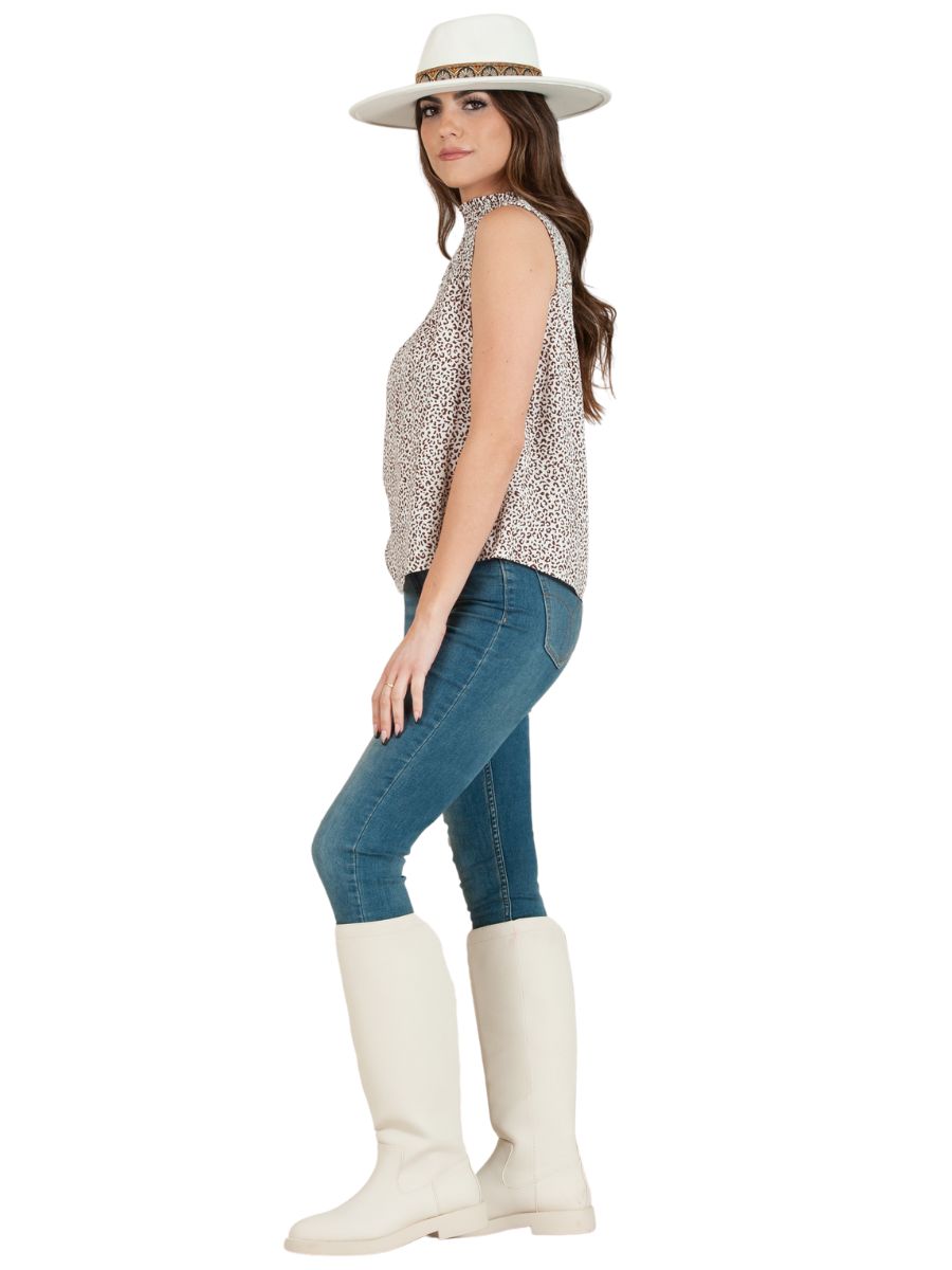LAILA FENNEL MOCK NECK SLEEVELESS TOP-WHITE LEOPARD