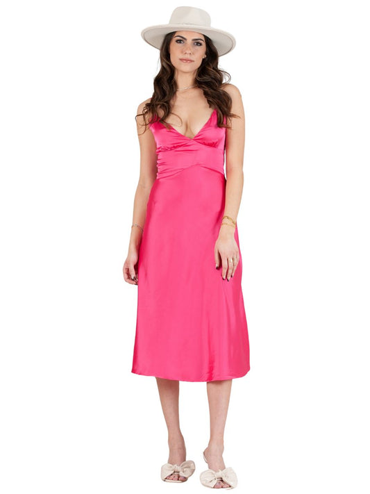 SATEEN MIDI SLIP DRESS-FUSCHIA