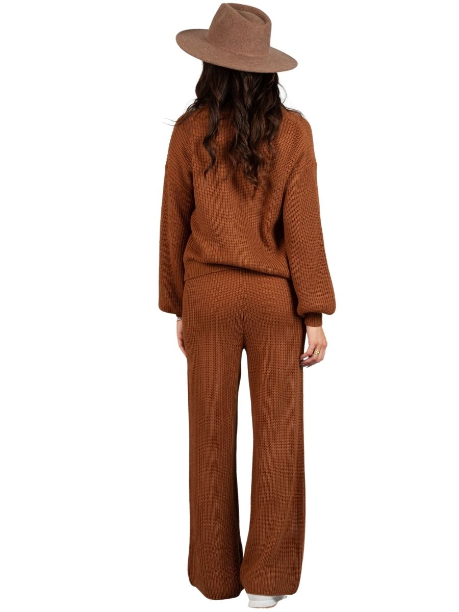 LYNN RIBBED CARDIGAN TOP AND PANT SET-PECAN