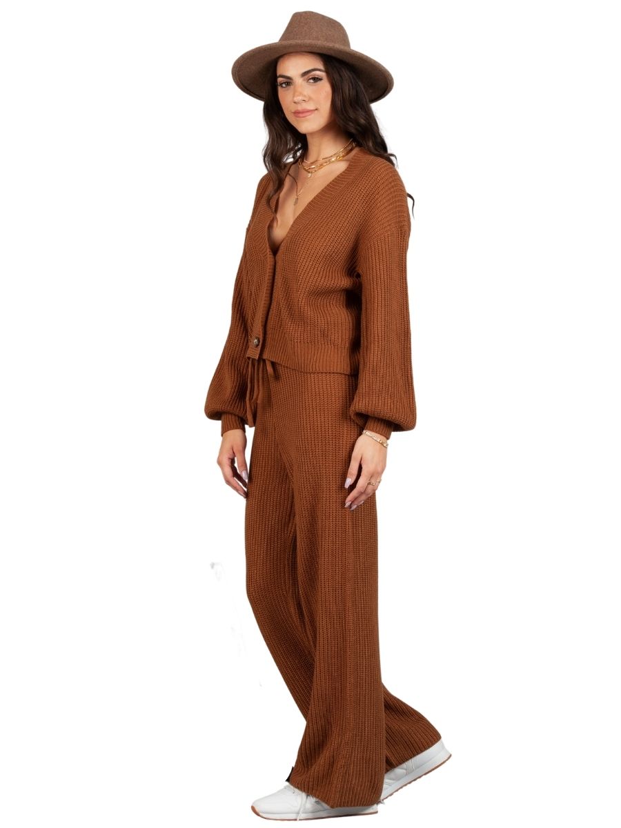 LYNN RIBBED CARDIGAN TOP AND PANT SET-PECAN