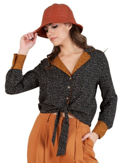 JANINE CONTRAST BLOUSE-BLK/WHITE SPECKLE