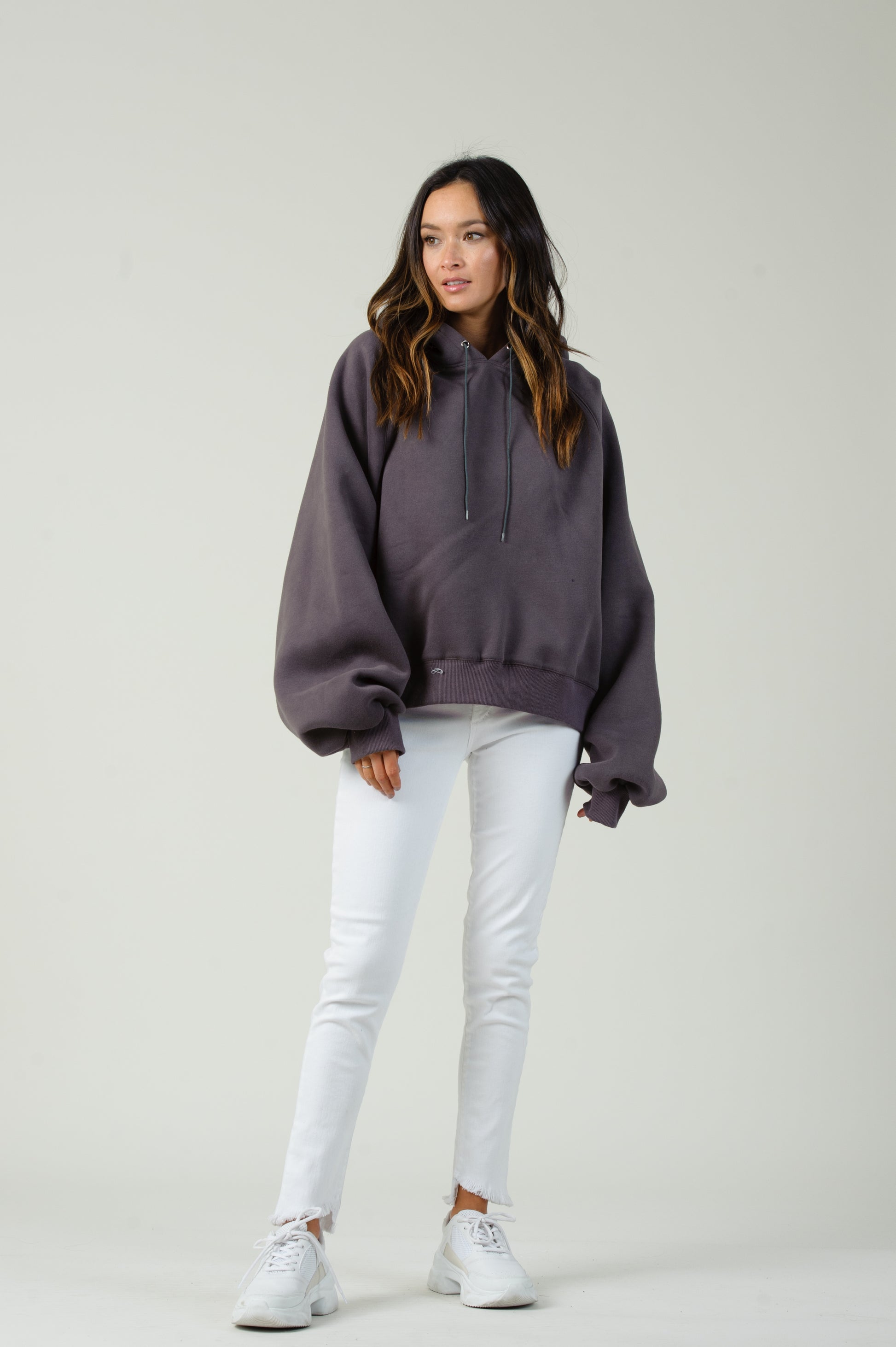 Front view of women's Gray fleece hooded sweatshirt