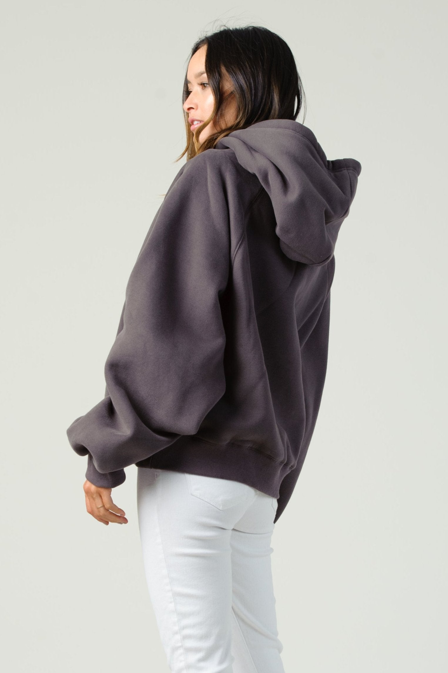 back view of women's Gray fleece hooded sweatshirt