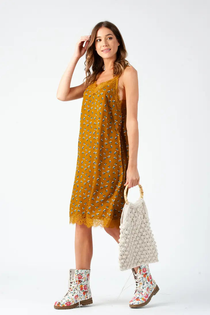 ASTRID DITSY SLIP DRESS-MUSTARD