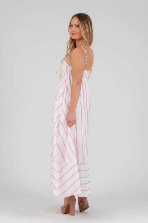 Women's Linen Pink Striped Maxi Strap Dress