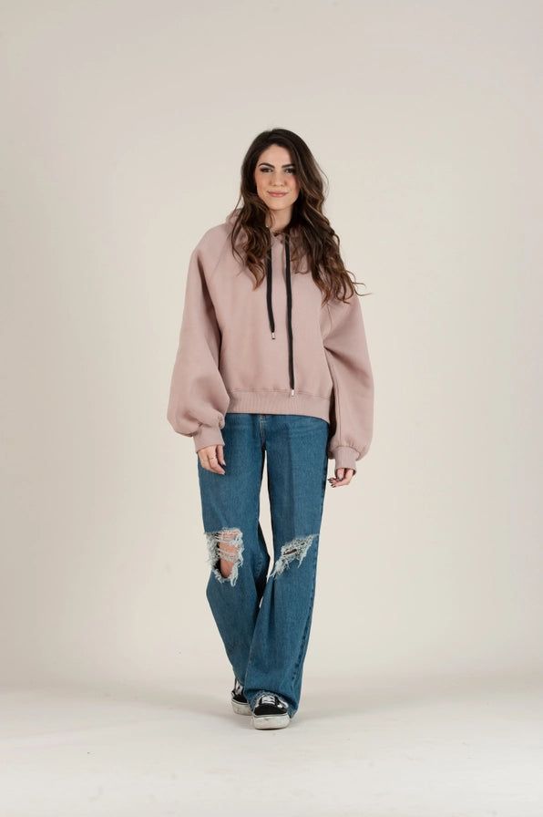 front view of women's pink fleece hooded sweatshirt