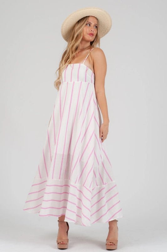 Women's Linen Pink Striped Maxi Strap Dress