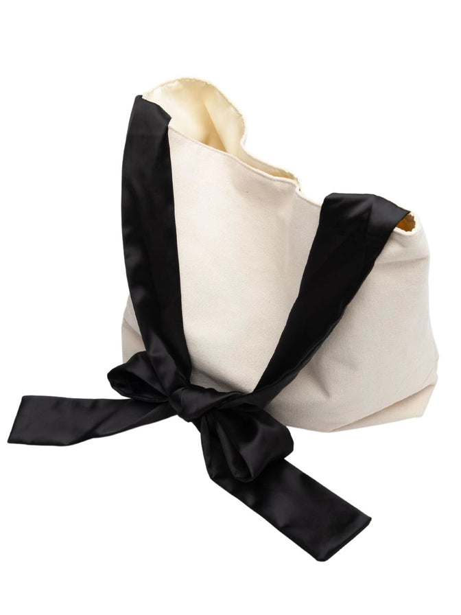 Women's Canvas tote purse bag with black satin bow handle