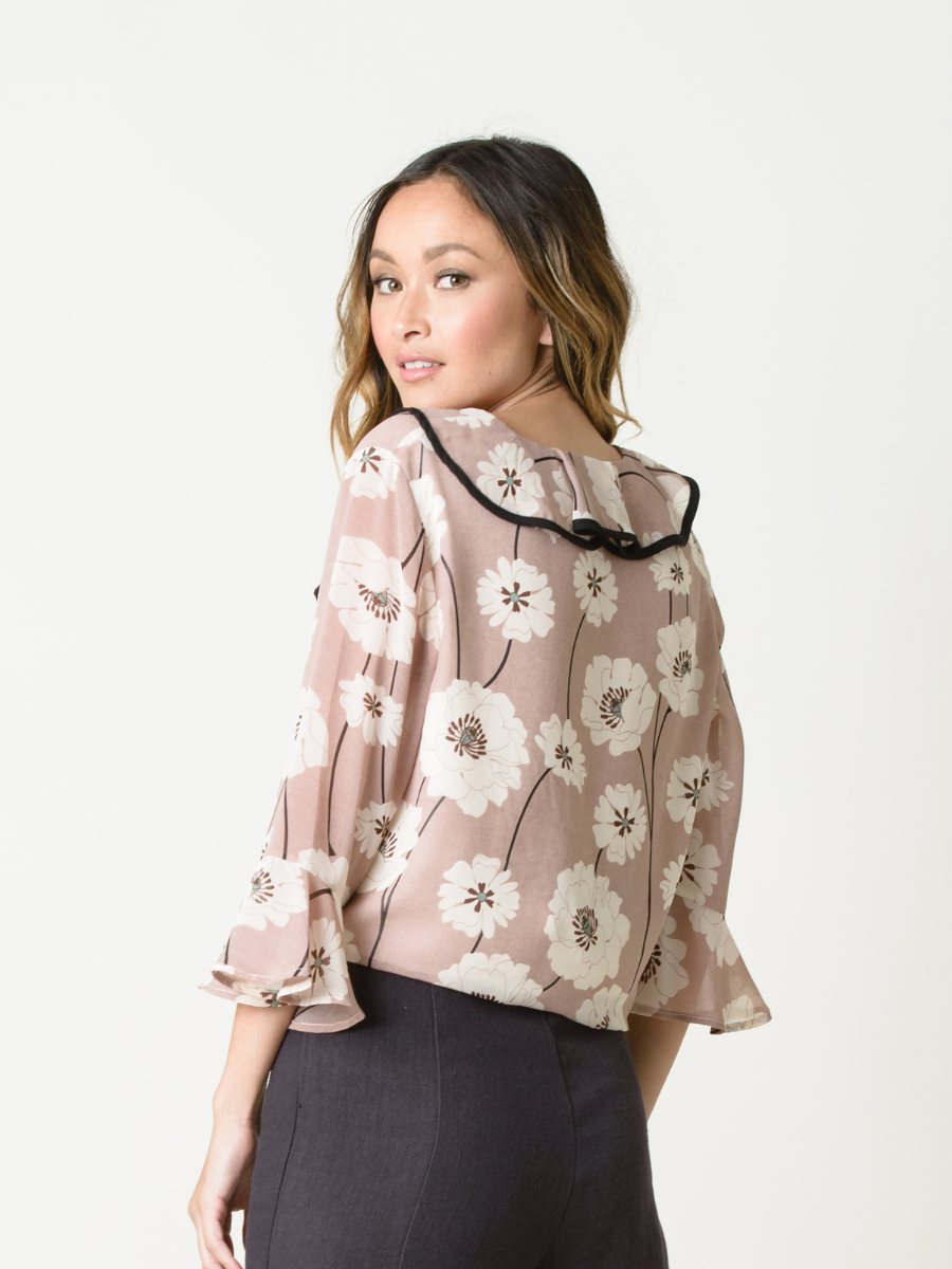 Women's Large Floral Ruffle Neckline Blouse Top