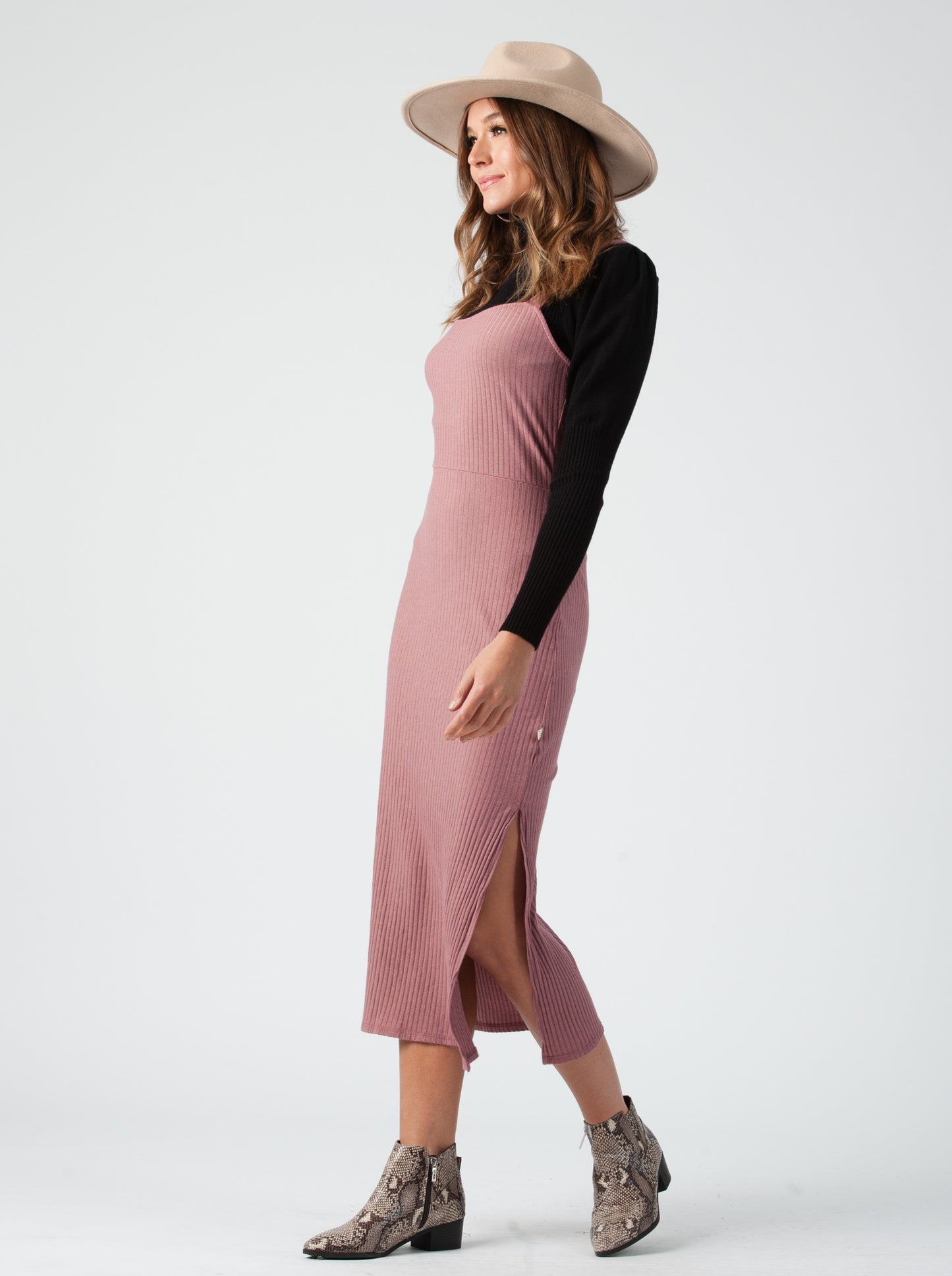 ALEXANDRIA RIBBED MIDI DRESS-MAUVE, SIDE VIEW