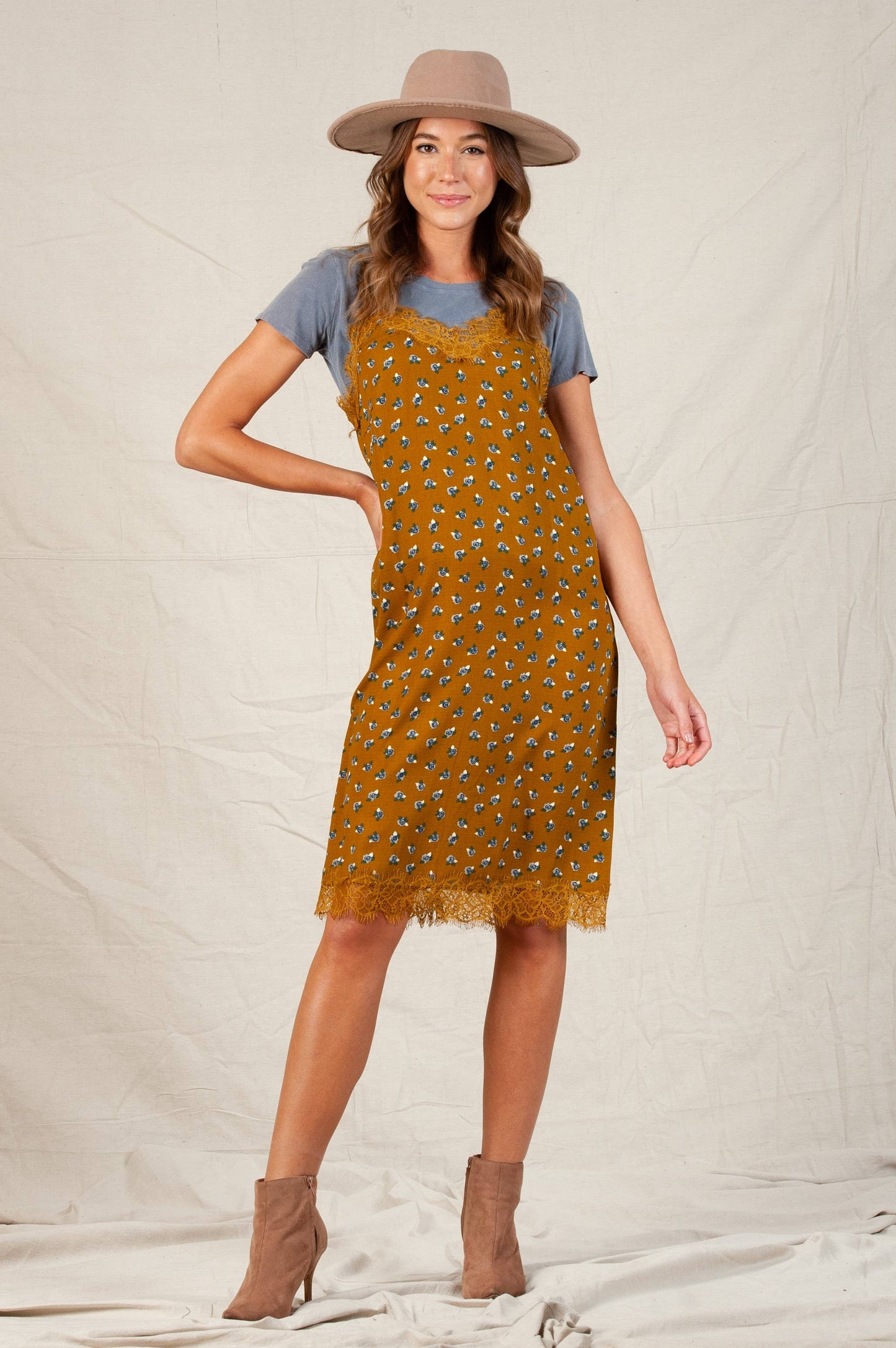 ASTRID DITSY SLIP DRESS-MUSTARD