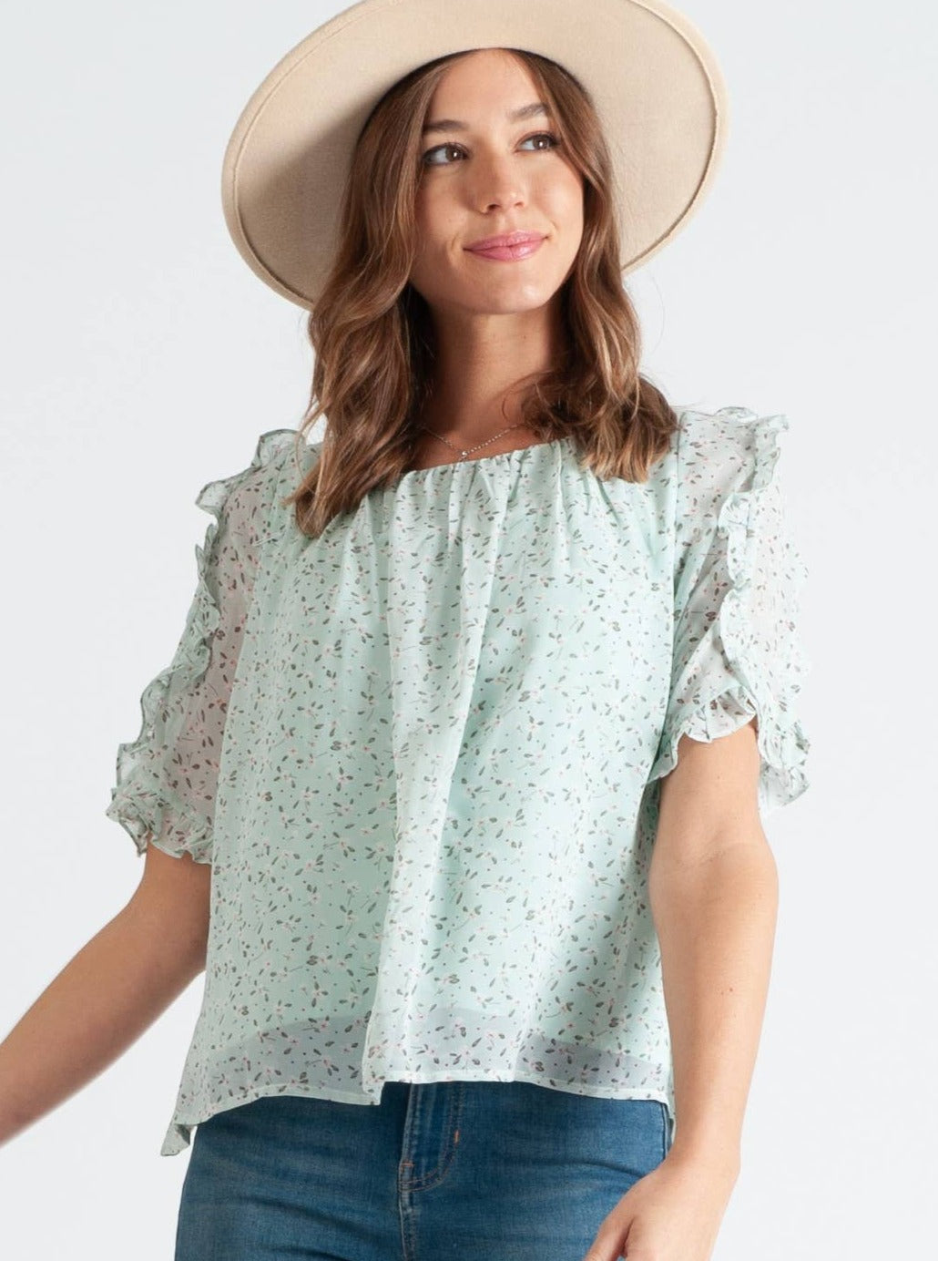 RAILAY RUFFLE SLEEVE BLOUSE-MINT FLORAL