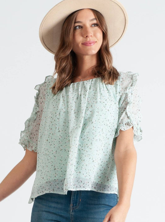 RAILAY RUFFLE SLEEVE BLOUSE-MINT FLORAL