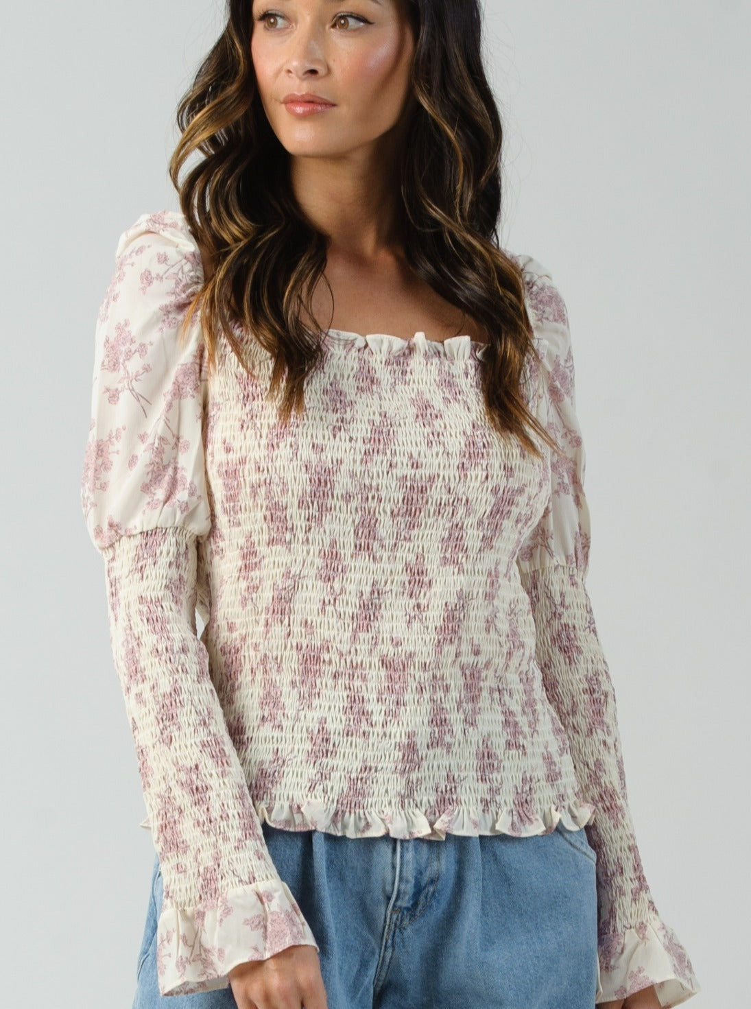 OLEANA SMOCKED SLEEVE TOP-CREAM FLORAL