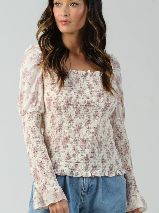 OLEANA SMOCKED SLEEVE TOP-CREAM FLORAL