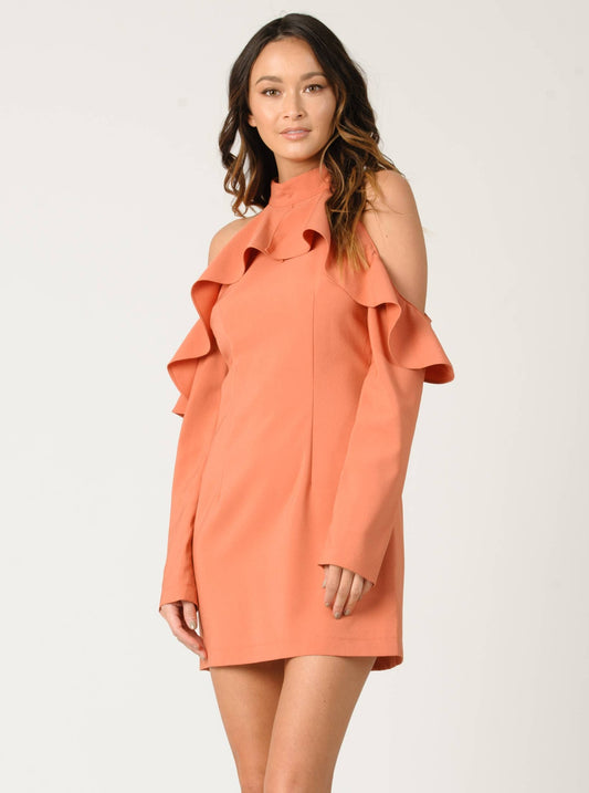 ROBIN COLD SHOULDER RUFFLE DRESS-TERRA COTTA