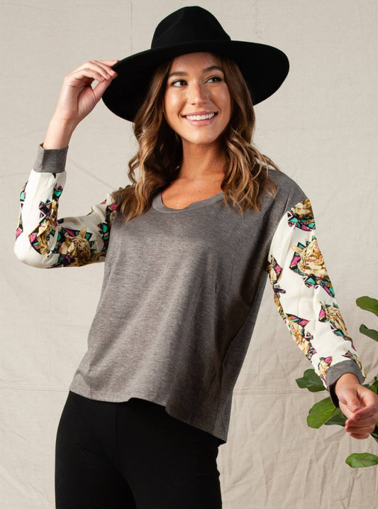 KNIT TOP WITH SATIN PRINTED LS TOP-GRAPHITE