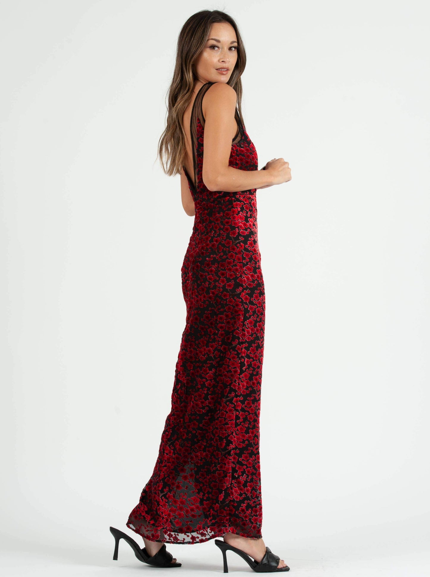 PENELOPE MESH INSET MAXI DRESS-RED VELVET FLORAL