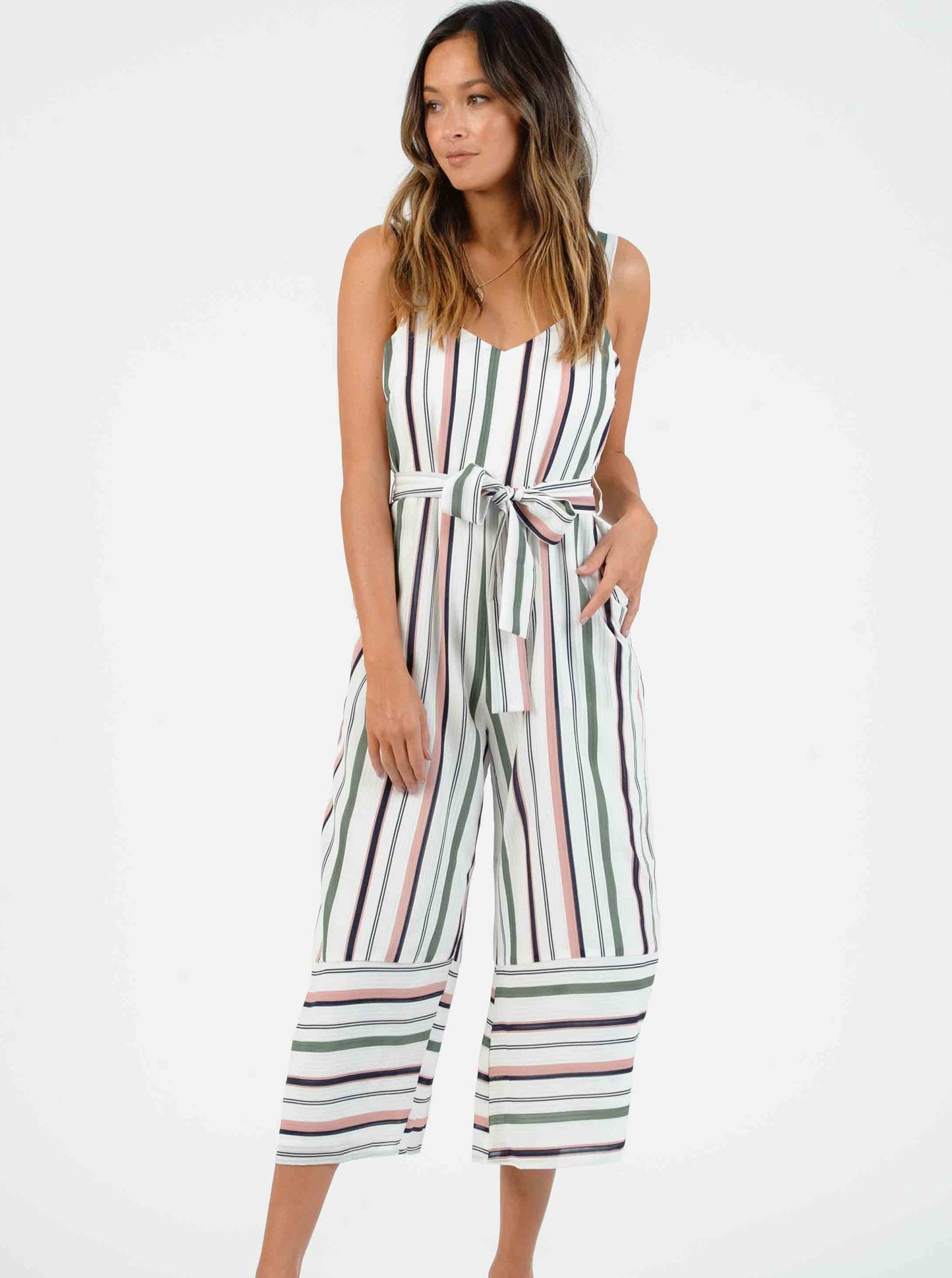 LCO4035-NAPLES V-NECK JUMPSUIT - WHITE STRIPE