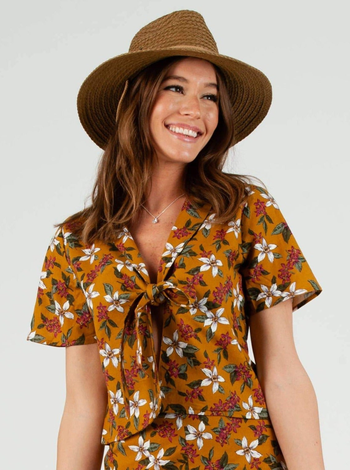 GILA TIE FRONT TOP-MUSTARD FLORAL