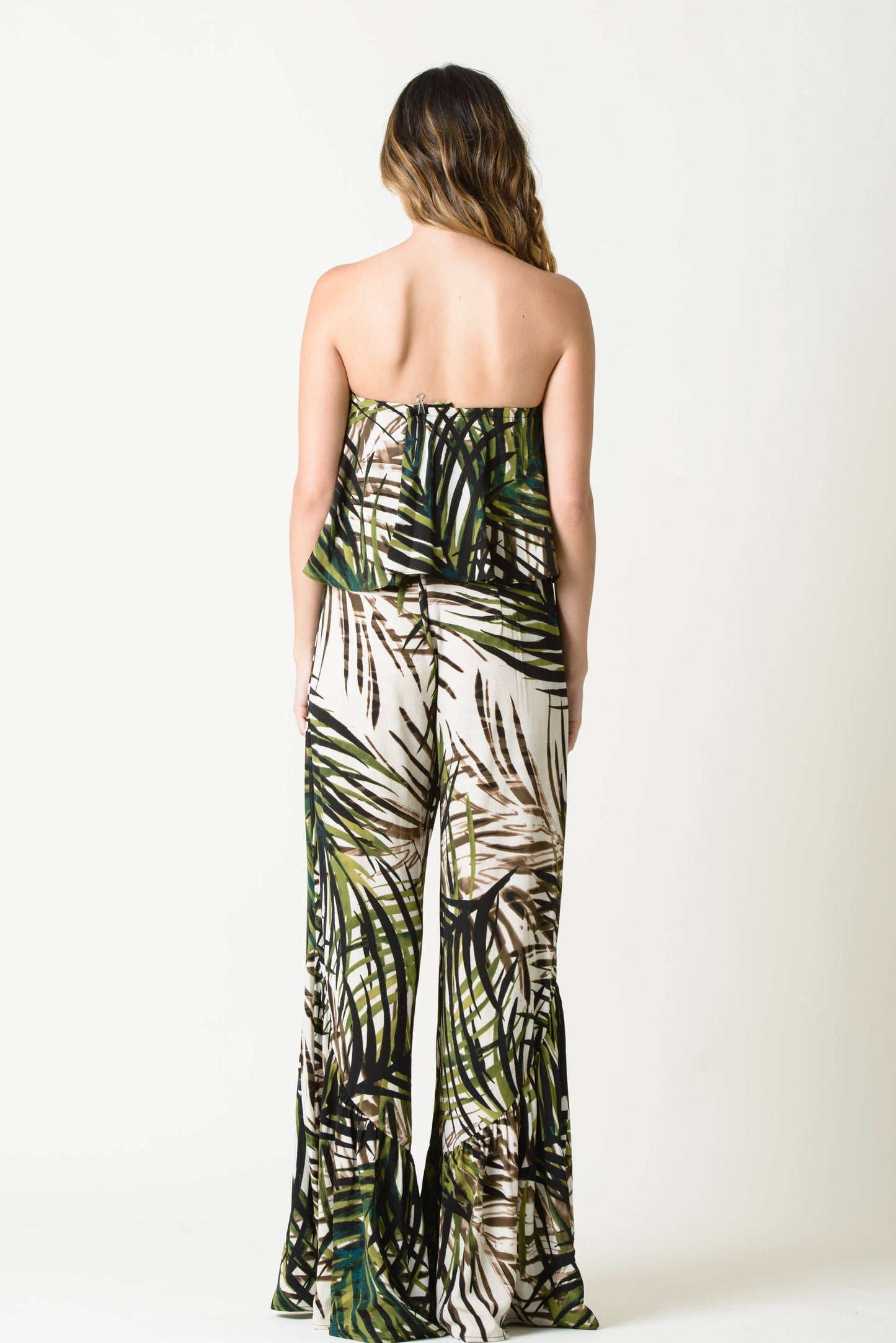 ALANA RUFFLE HEM WIDE LEG PANTS-PALM PRINT