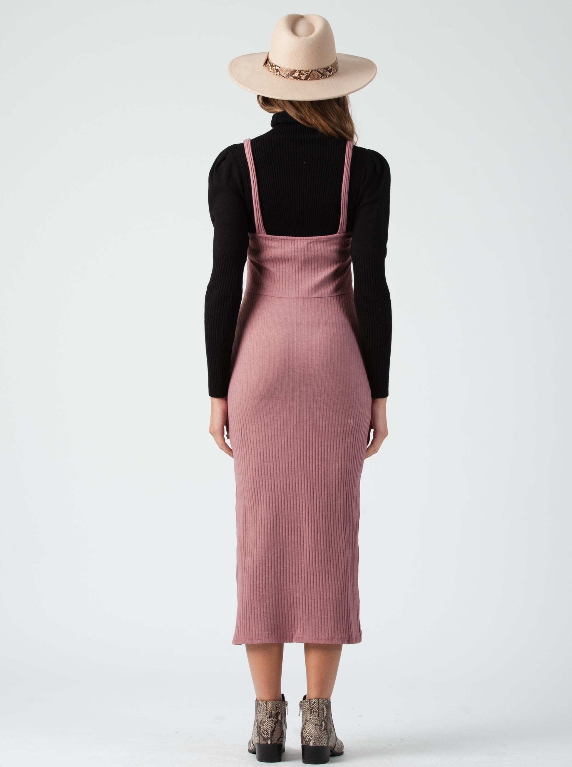 ALEXANDRIA RIBBED MIDI DRESS-MAUVE, BACK VIEW