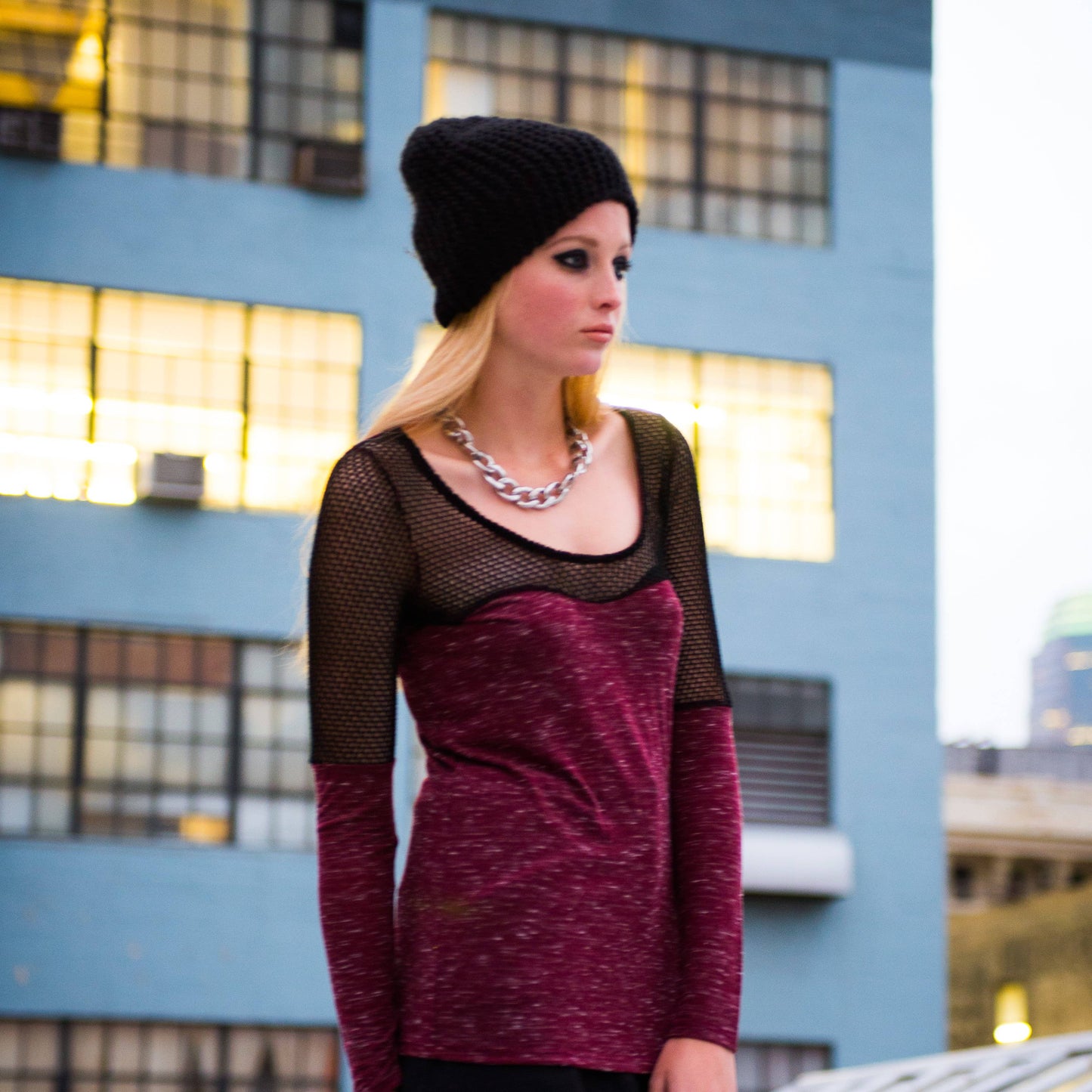 MARLED KNIT AND MESH TOP-MULBERRY