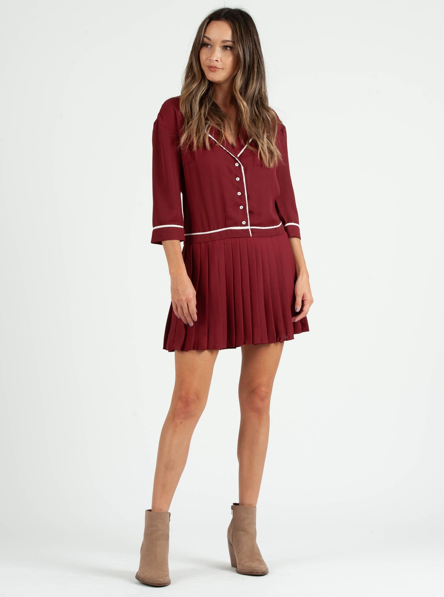 ALEXA PLEATED SHIRT DRESS-WINE