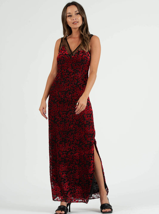 PENELOPE MESH INSET MAXI DRESS-RED VELVET FLORAL