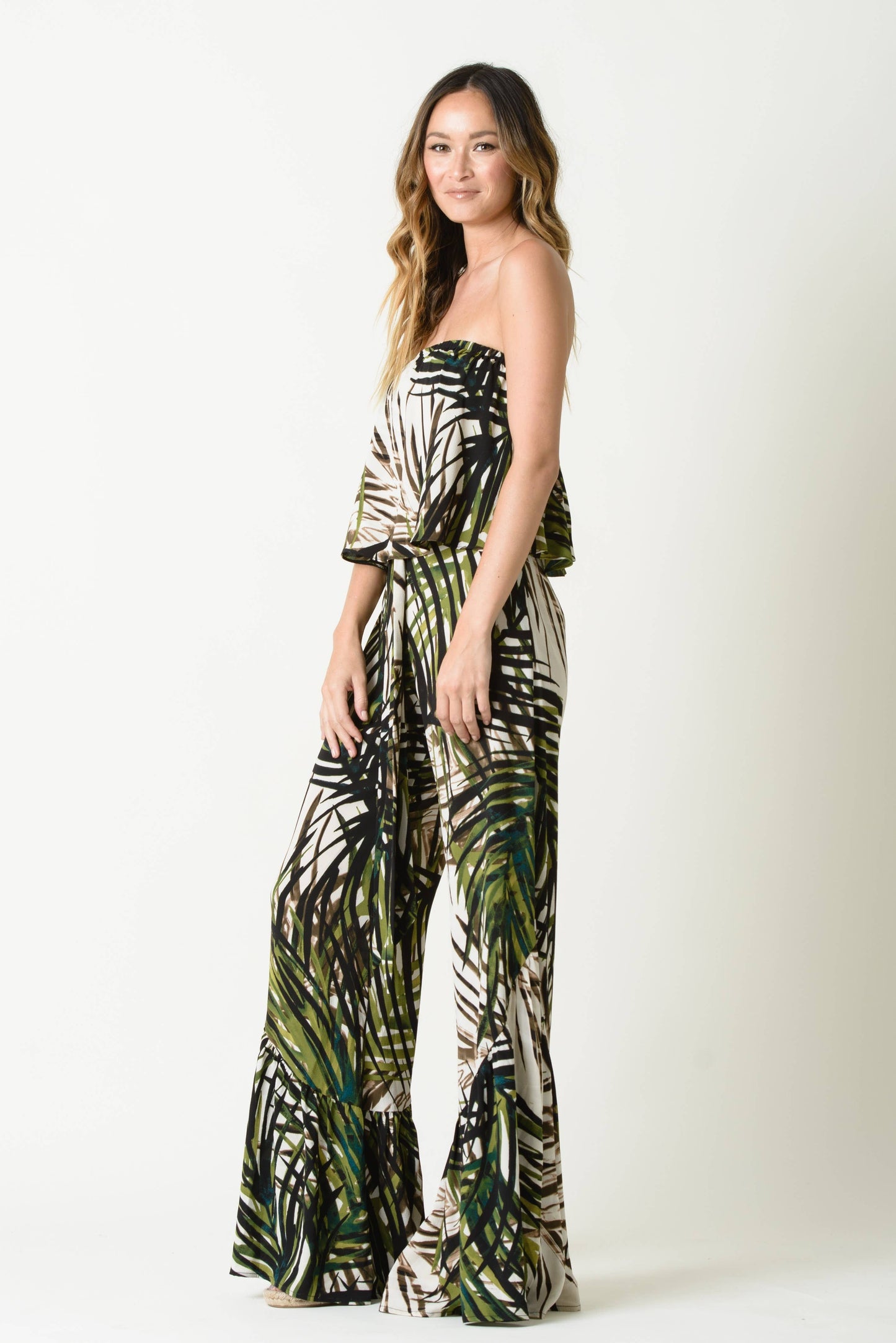 ALANA RUFFLE HEM WIDE LEG PANTS-PALM PRINT