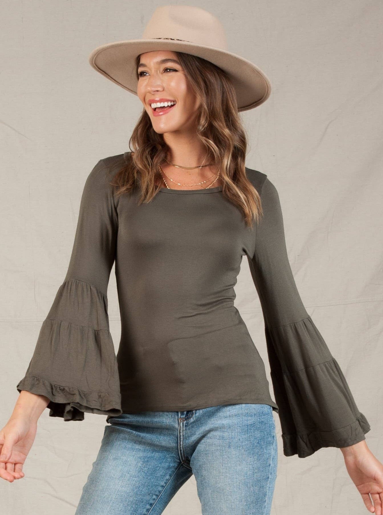ELOISE RUFFLE SLEEVE TOP-OLIVE