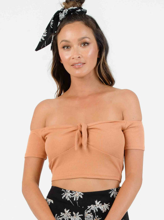 ROLLAND TIE FRONT CROP TOP-CARAMEL