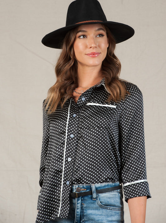 PAJAMA BUTTON DOWN BLOUSE-BLACK POLKA DOT