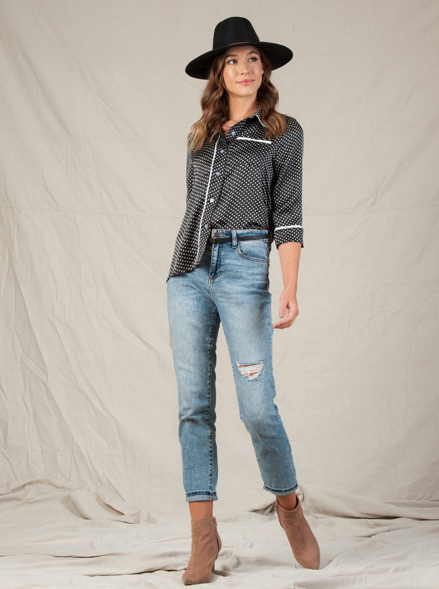 PAJAMA BUTTON DOWN BLOUSE-BLACK POLKA DOT