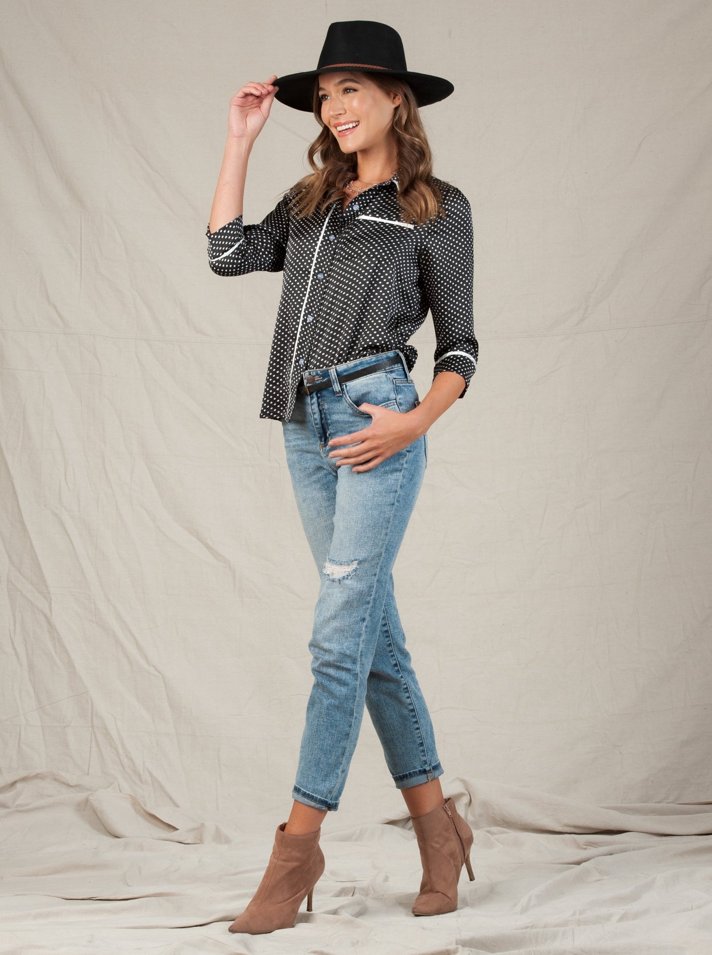 PAJAMA BUTTON DOWN BLOUSE-BLACK POLKA DOT