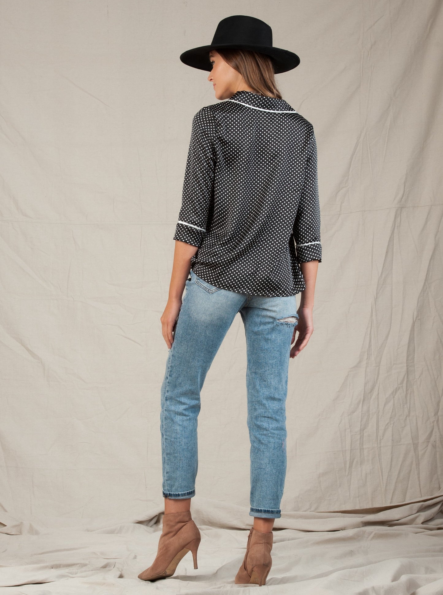 PAJAMA BUTTON DOWN BLOUSE-BLACK POLKA DOT