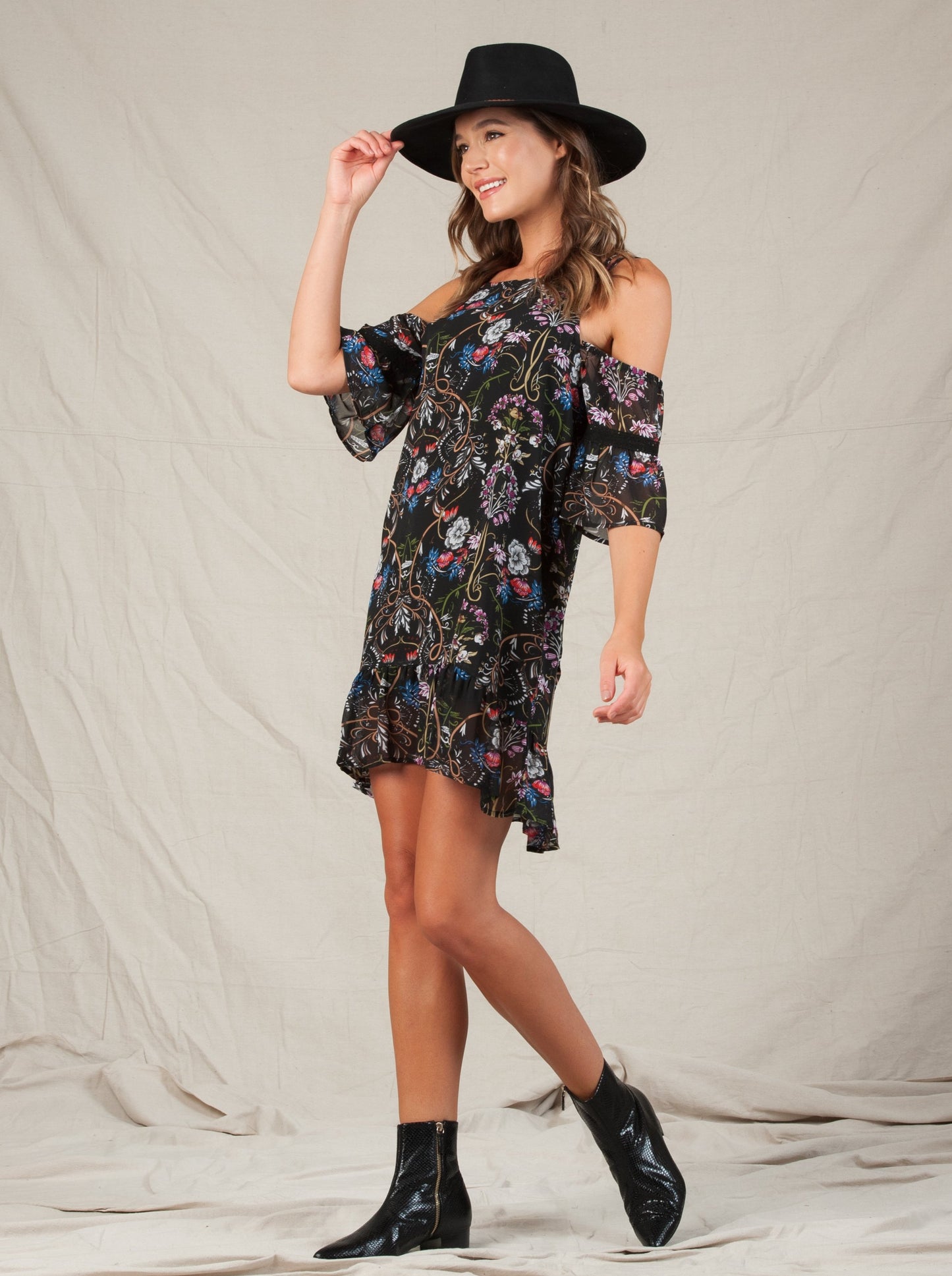JULES COLD SHOULDER DRESS-BLACK SWIRL FLORAL