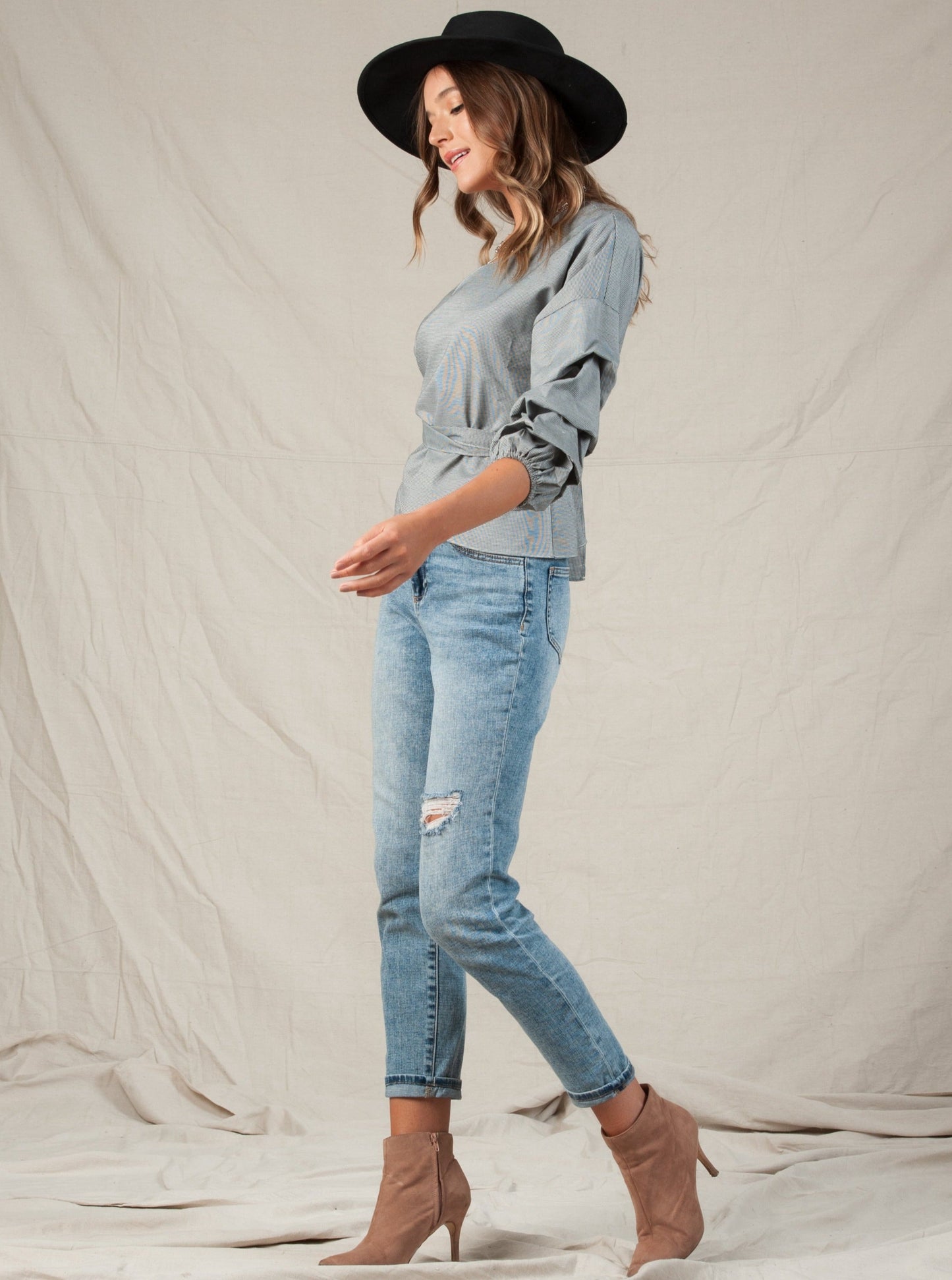 VENICE PINTUCK SLEEVE WRAP TOP-HOUNDSTOOTH